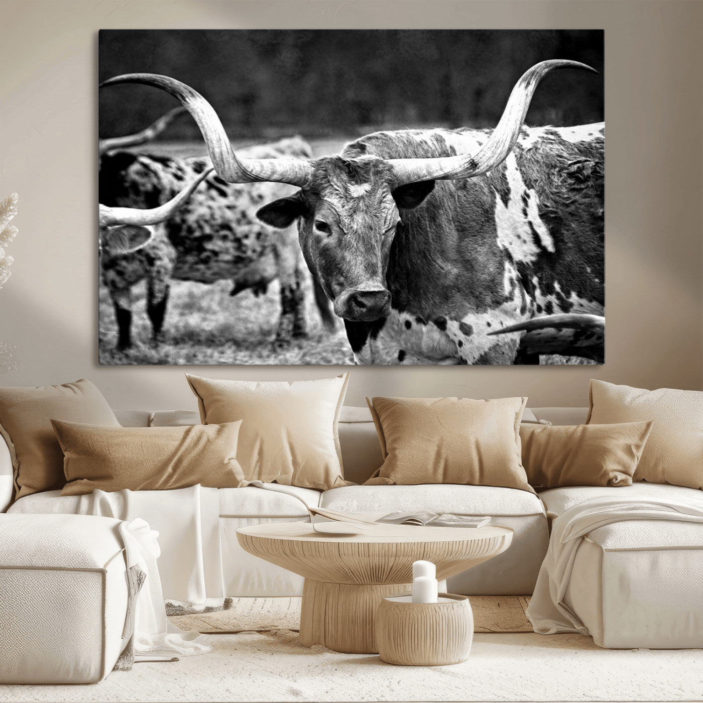 15425553-MGV-CV-36X24-Western Wall Art – Longhorn Cattle Black and White Canvas Print, Rustic Ranch Photography Decor for Bedroom, Living Room, Office,