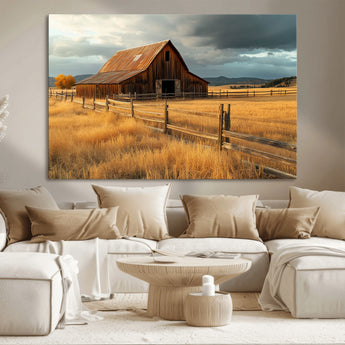 16480179-MGV-CV-36X24-Farmhouse Wall Art – Rustic Barn and Golden Field Canvas Print, Country Landscape Photography Decor for Bedroom, Living Room,
