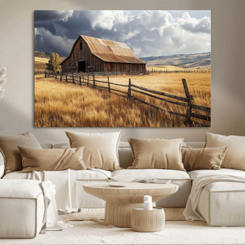23718739-MGV-CV-36X24-Farmhouse Wall Art – Rustic Barn and Golden Wheat Field Canvas Print, Country Landscape Photography Decor for Bedroom, Living