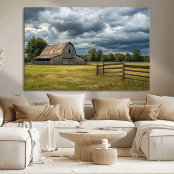 39409517-MGV-CV-36X24-Rustic Barn Wall Art – Weathered Farmhouse and Storm Clouds Canvas Print, Country Landscape Photography Decor for Bedroom, Living
