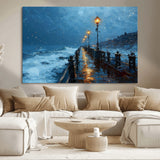 93793246-MGV-CV-36X24-Stormy Night Pier Canvas Wall Art – Moody Ocean Landscape with Lights, Blue Coastal Seascape Print for Bedroom, Living Room,
