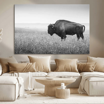 90861202-MGV-CV-36X24-Black and White Bison Canvas Wall Art – Rustic American Buffalo Print, Western Wildlife Photography for Farmhouse, Cabin, Office