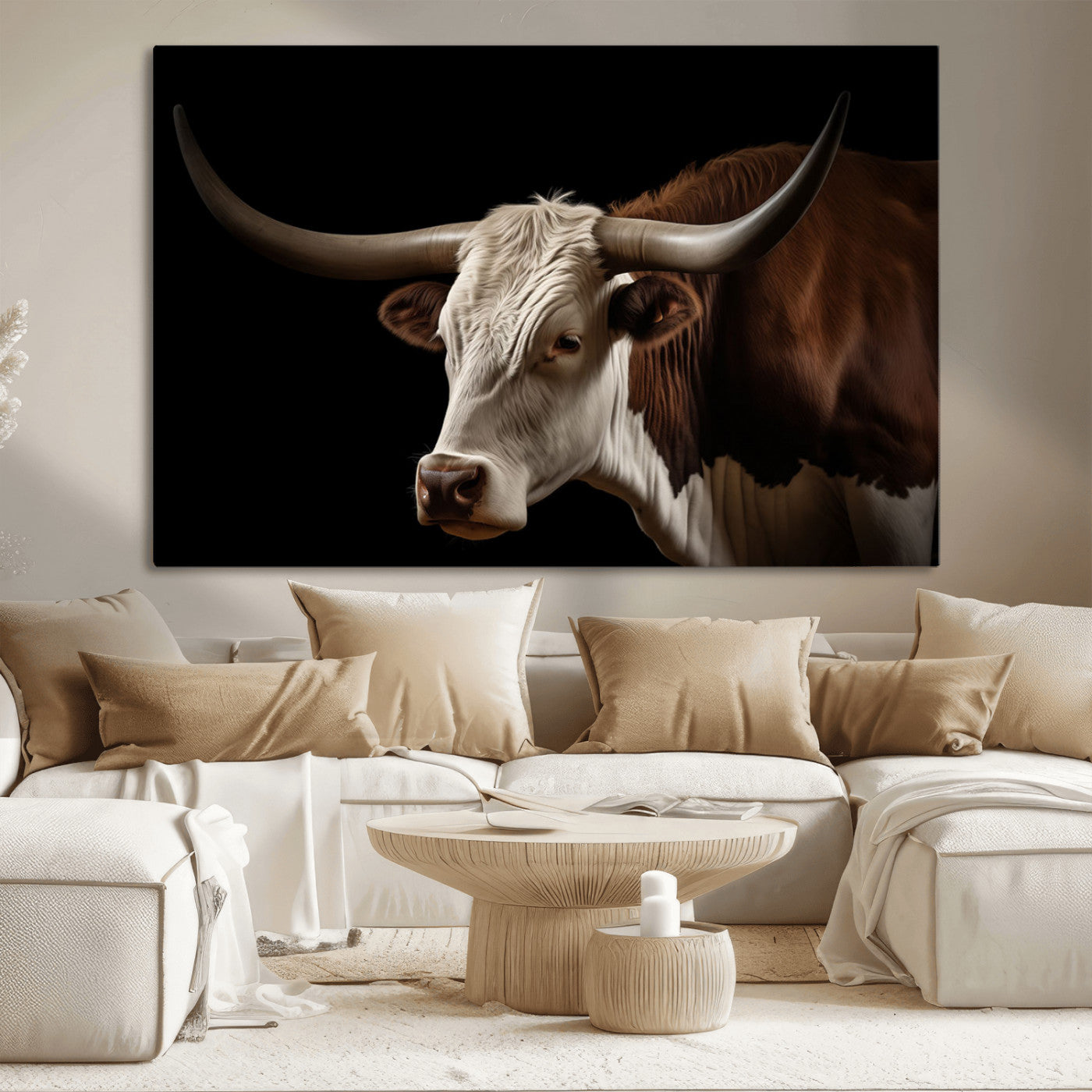 27414857-MGV-CV-36X24-Texas Longhorn Bull Canvas Wall Art – Rustic Western Farmhouse Decor, Brown & White Cow Portrait, Animal Print for Ranch Home