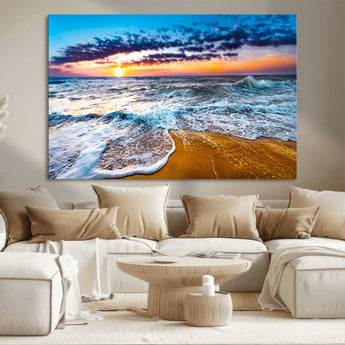 24077769-MGV-CV-36X24-Sunset Beach Wall Art – Ocean Waves Canvas Print, Golden Shoreline Photography Coastal Decor for Living Room, Bedroom, Office,