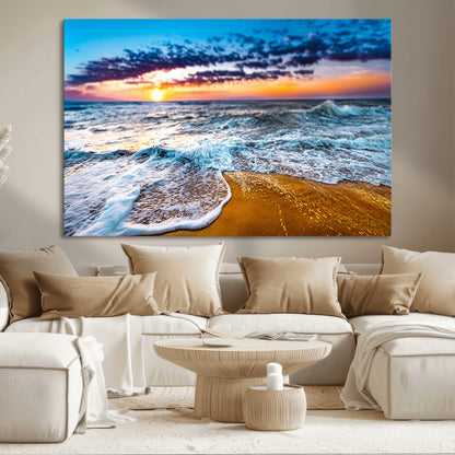 24077769-MGV-CV-36X24-Sunset Beach Wall Art – Ocean Waves Canvas Print, Golden Shoreline Photography Coastal Decor for Living Room, Bedroom, Office,