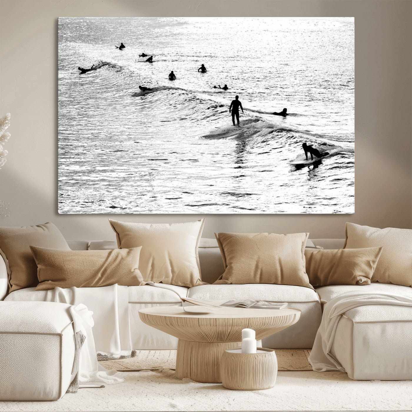 68018616-MGV-CV-36X24-Black and White Surf Photography Print – Minimalist Ocean Wall Art, Surfers Riding Waves, Coastal Beach Decor for Modern Home or