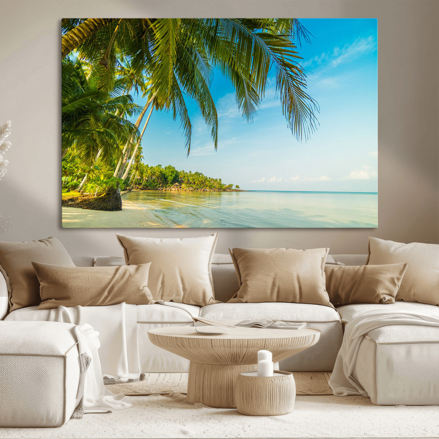 65056721-MGV-CV-36X24-Tropical Beach Wall Art – Palm Tree Coastal Photography Print, Relaxing Ocean Paradise Landscape, Island Seascape Home or Office