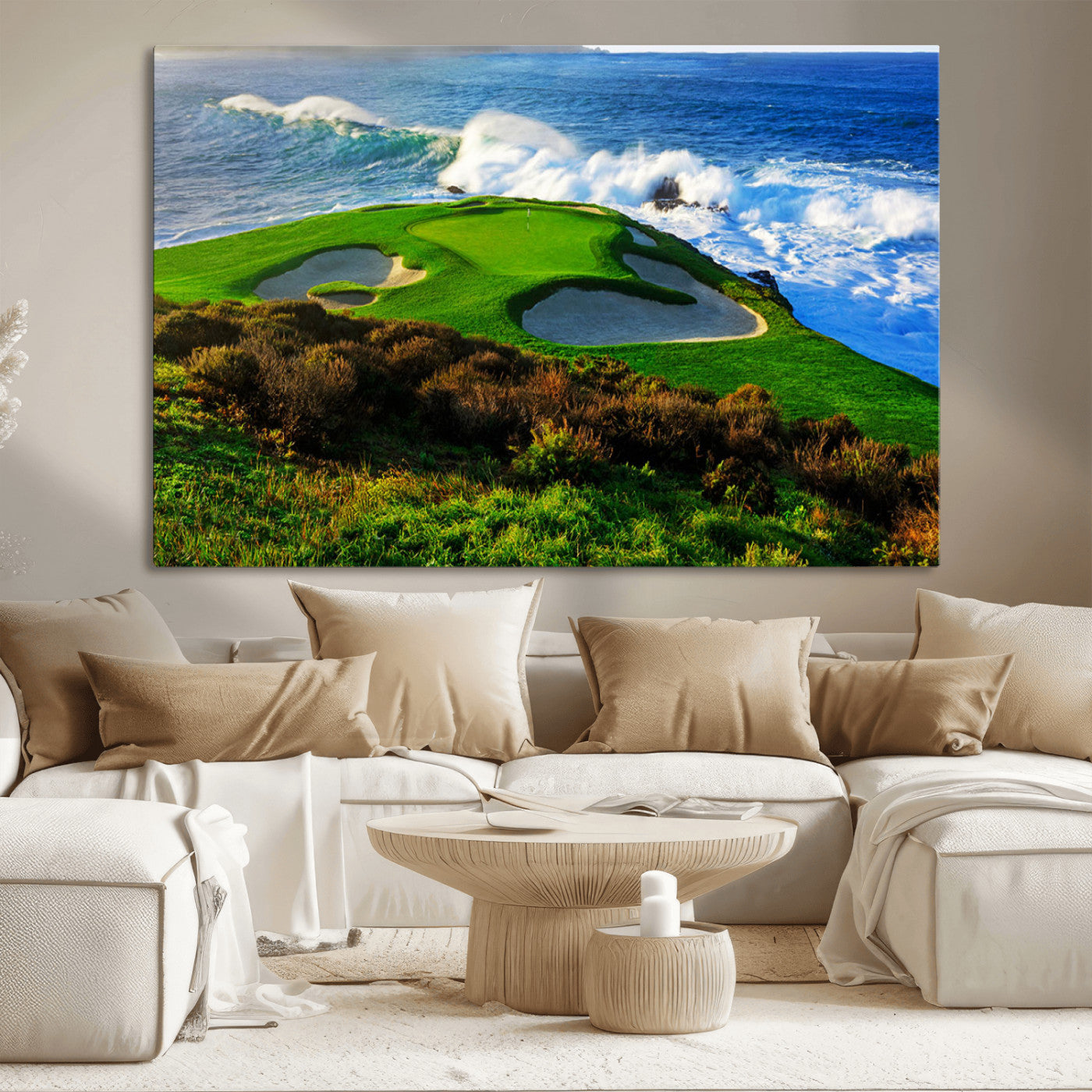 34181847-MGV-CV-36X24-Coastal Golf Course Wall Art – Panoramic Ocean Fairway Canvas Print, Scenic Sports Photography Decor for Office, Man Cave, Living