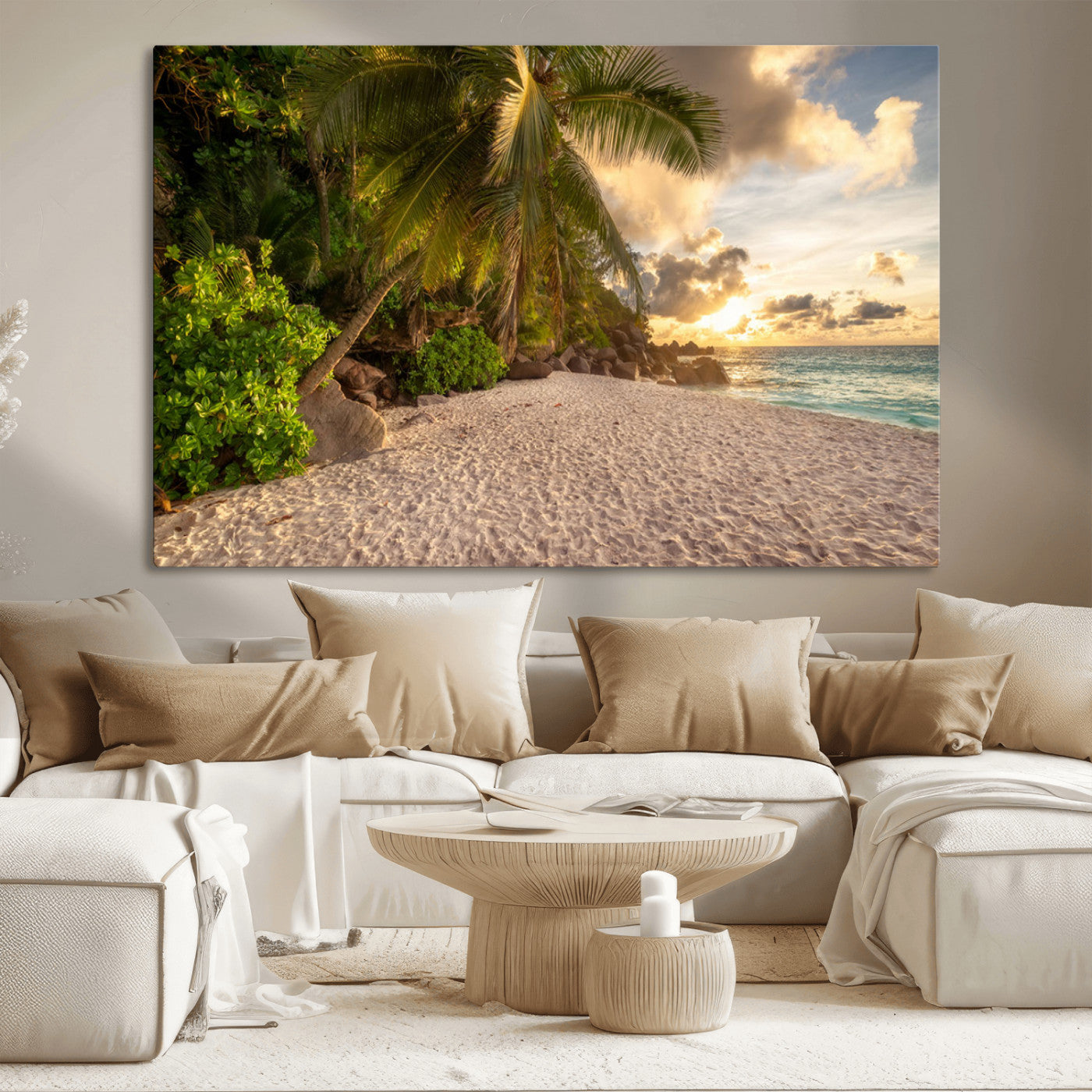 89531159-MGV-CV-36X24-Tropical Beach Sunset Canvas Wall Art – Palm Trees Golden Sand Ocean Waves Coastal Paradise Print for Beach House Bedroom Bathroom