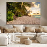 89531159-MGV-CV-36X24-Tropical Beach Sunset Canvas Wall Art – Palm Trees Golden Sand Ocean Waves Coastal Paradise Print for Beach House Bedroom Bathroom
