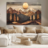 90044381-MGV-CV-36X24-Rustic Wall Art – Wooden Mountain Landscape with Sun and Pine Trees, Handcrafted Nature Canvas Style Decor for Bedroom, Living