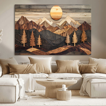 90044381-MGV-CV-36X24-Rustic Wall Art – Wooden Mountain Landscape with Sun and Pine Trees, Handcrafted Nature Canvas Style Decor for Bedroom, Living
