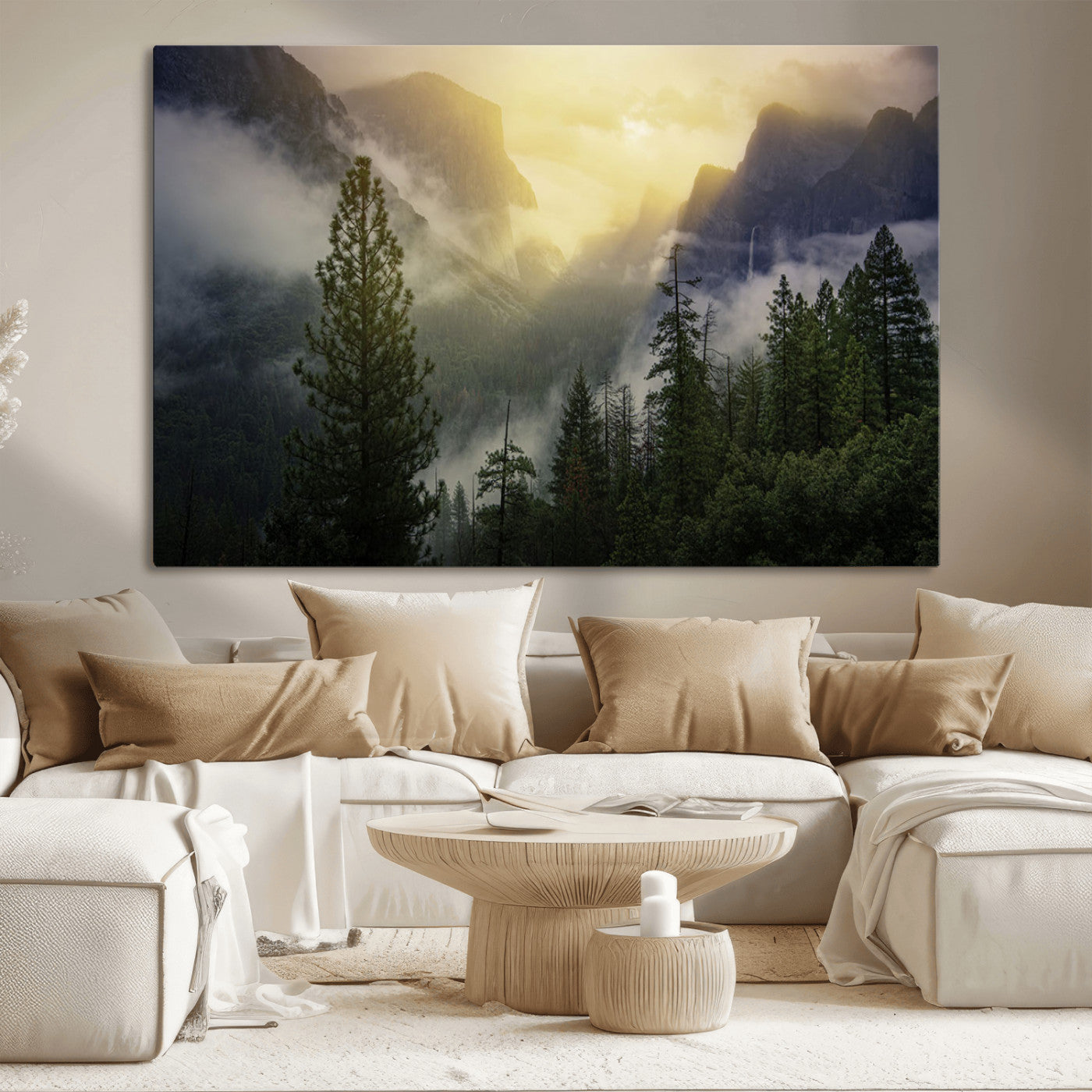 38316884-MGV-CV-36X24-Landscape Wall Art – Misty Mountain Valley Canvas Print, Scenic Pine Forest and Sunrise Photography Decor for Bedroom, Living