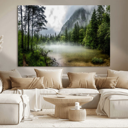 93123937-MGV-CV-36X24-Landscape Wall Art – Misty Mountain Lake Canvas Print, Tranquil Forest and Waterfall Photography Decor for Bedroom, Living Room,