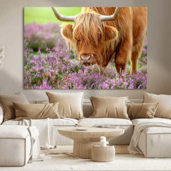 64069351-MGV-CV-36X24-Farmhouse Wall Art – Highland Cow in Wildflowers Canvas Print, Rustic Country Cattle Photography Decor for Bedroom, Living Room,