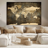 13394308-MGV-CV-36X24-Personalized World Map Wall Art – Dark Rustic Vintage Adventure Travel Map with Custom Couple Names, Timeless Wall Decor for Home