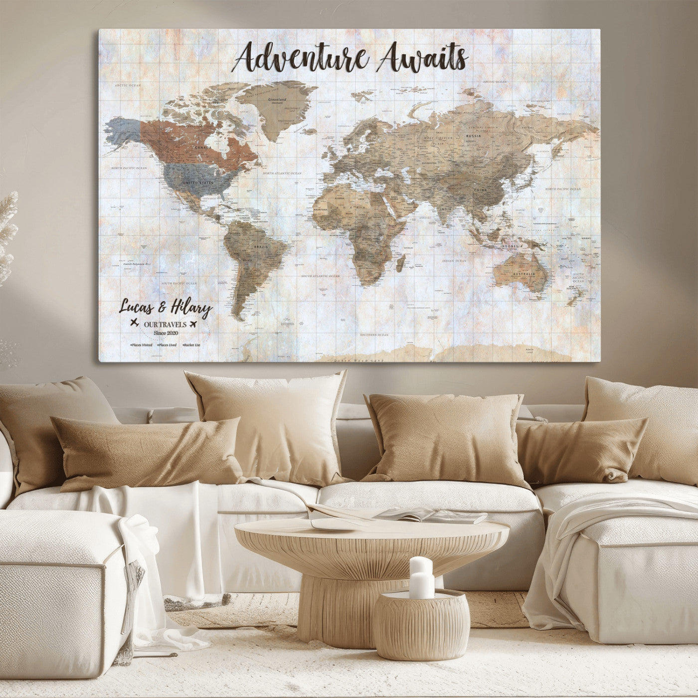 30792405-MGV-CV-36X24-Personalized World Map Wall Art – Rustic Beige Adventure Travel Map with Custom Couple Names, Vintage Wall Decor for Home or
