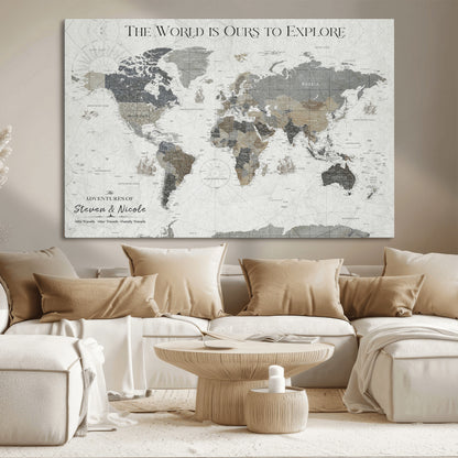 97082026-MGV-CV-36X24-Personalized World Map Wall Art – Vintage Gray Adventure Travel Map with Custom Couple or Family Names, Rustic Wall Decor for Home