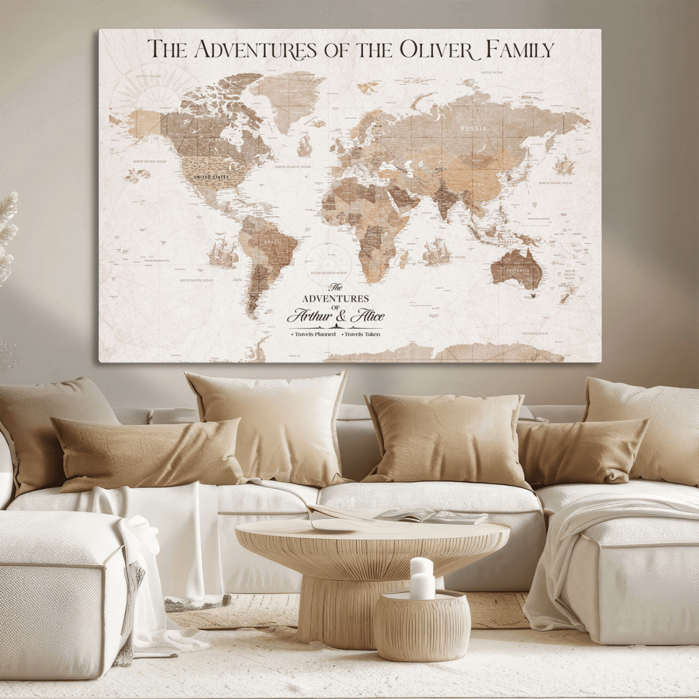 43869621-MGV-CV-36X24-Personalized World Map Wall Art – Light Beige Sepia Adventure Travel Map with Custom Family or Couple Names, Rustic Wall Decor for