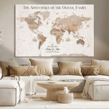 43869621-MGV-CV-36X24-Personalized World Map Wall Art – Light Beige Sepia Adventure Travel Map with Custom Family or Couple Names, Rustic Wall Decor for