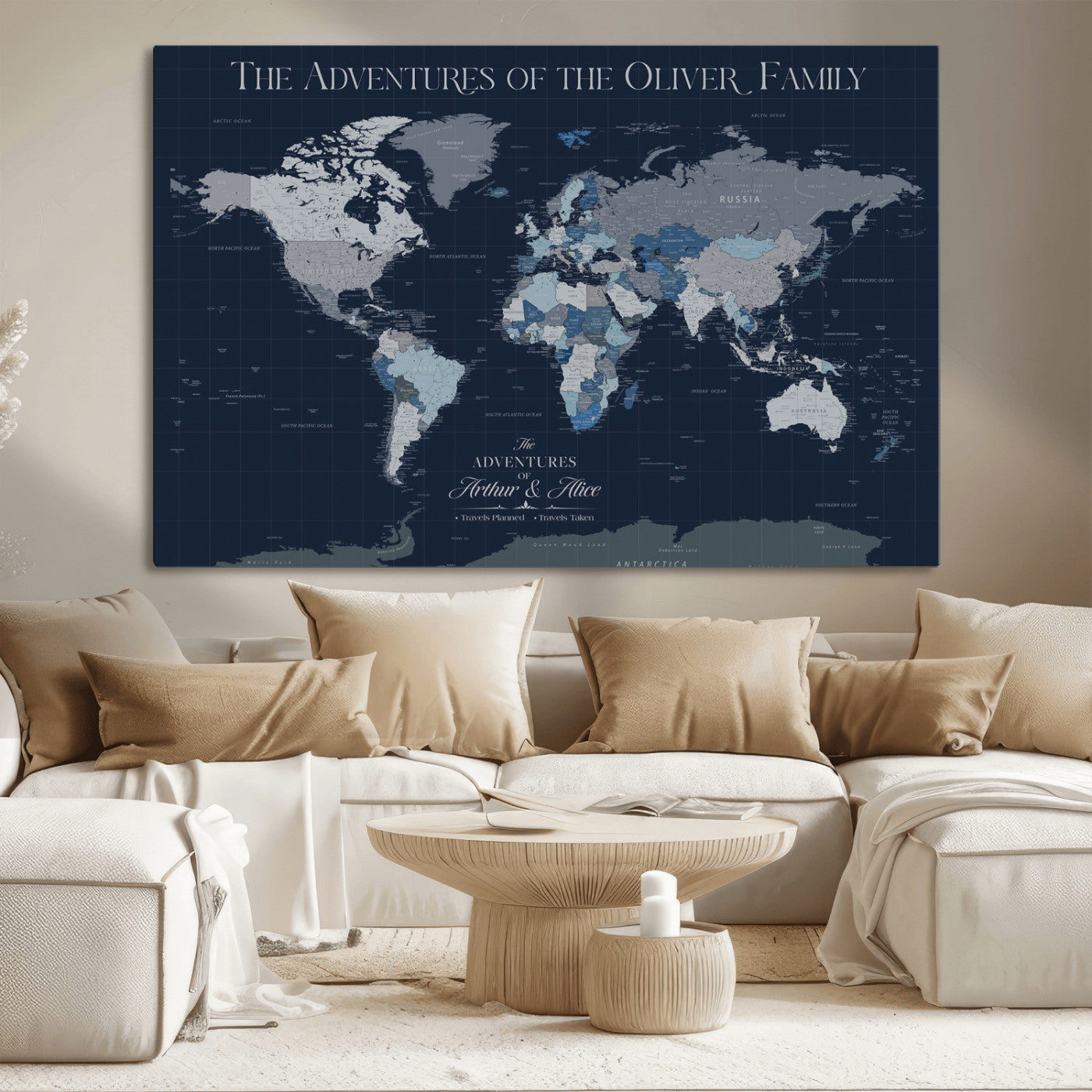76726424-MGV-CV-36X24-Personalized World Map Wall Art – Navy Blue & Grey Adventure Travel Map with Custom Family or Couple Names, Modern Wall Decor for