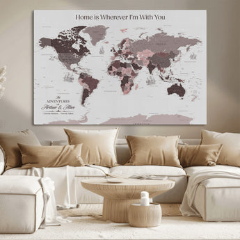 33204797-MGV-CV-36X24-Personalized World Map Wall Art – Burgundy & Grey Adventure Travel Map with Custom Names, Romantic Wall Decor for Couples, Home or