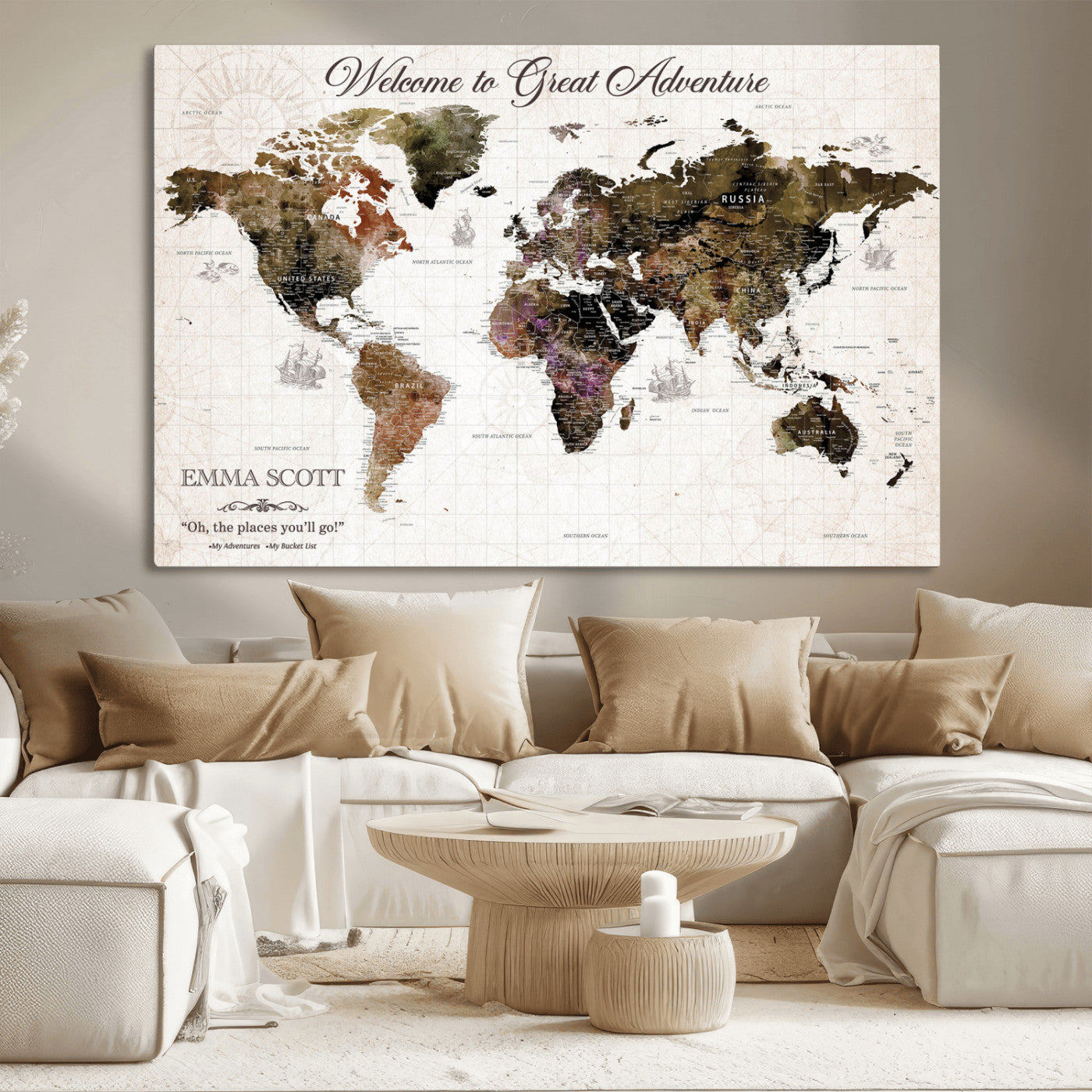 33631532-MGV-CV-36X24-Personalized World Map Wall Art – Dark Vintage Adventure Travel Map with Custom Names, Rustic Wall Decor for Couples, Home or