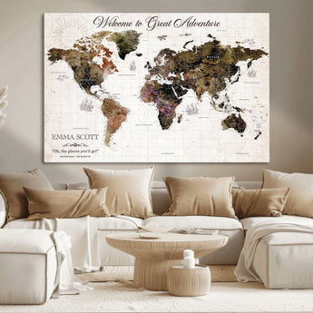 33631532-MGV-CV-36X24-Personalized World Map Wall Art – Dark Vintage Adventure Travel Map with Custom Names, Rustic Wall Decor for Couples, Home or