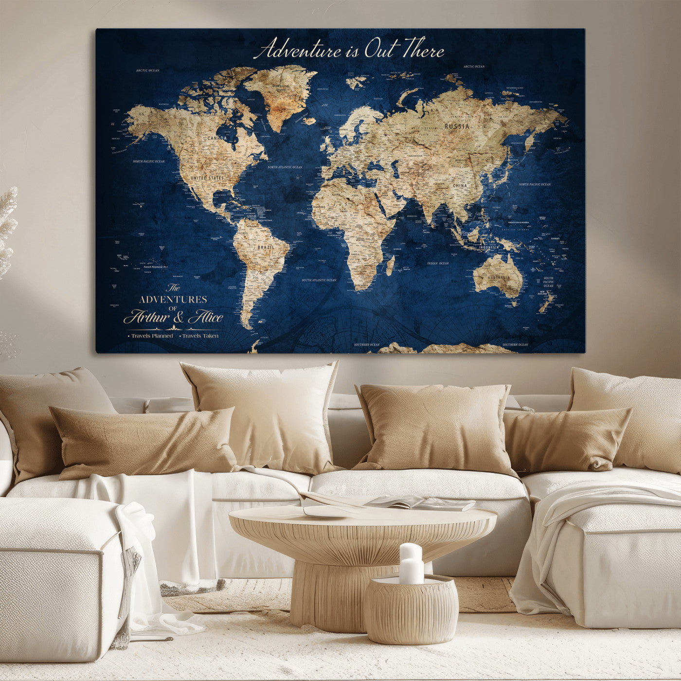 71052542-MGV-CV-36X24-Personalized World Map Wall Art – Rustic Navy Blue Adventure Travel Map with Custom Couple Names, Vintage Wall Decor for Home or