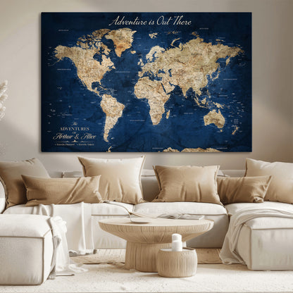 71052542-MGV-CV-36X24-Personalized World Map Wall Art – Rustic Navy Blue Adventure Travel Map with Custom Couple Names, Vintage Wall Decor for Home or