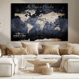 85403043-MGV-CV-36X24-Personalized World Map Wall Art – Dark Blue Rustic Adventure Map with Custom Couple Names, Vintage Wall Decor for Home or Travel