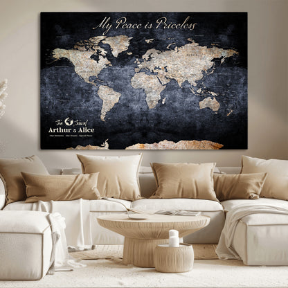 85403043-MGV-CV-36X24-Personalized World Map Wall Art – Dark Blue Rustic Adventure Map with Custom Couple Names, Vintage Wall Decor for Home or Travel