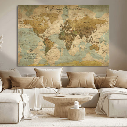 54795344-MGV-CV-36X24-Personalized World Map Wall Art – Vintage Adventure Travel Map with Custom Names, Rustic Wall Décor for Couples, Families