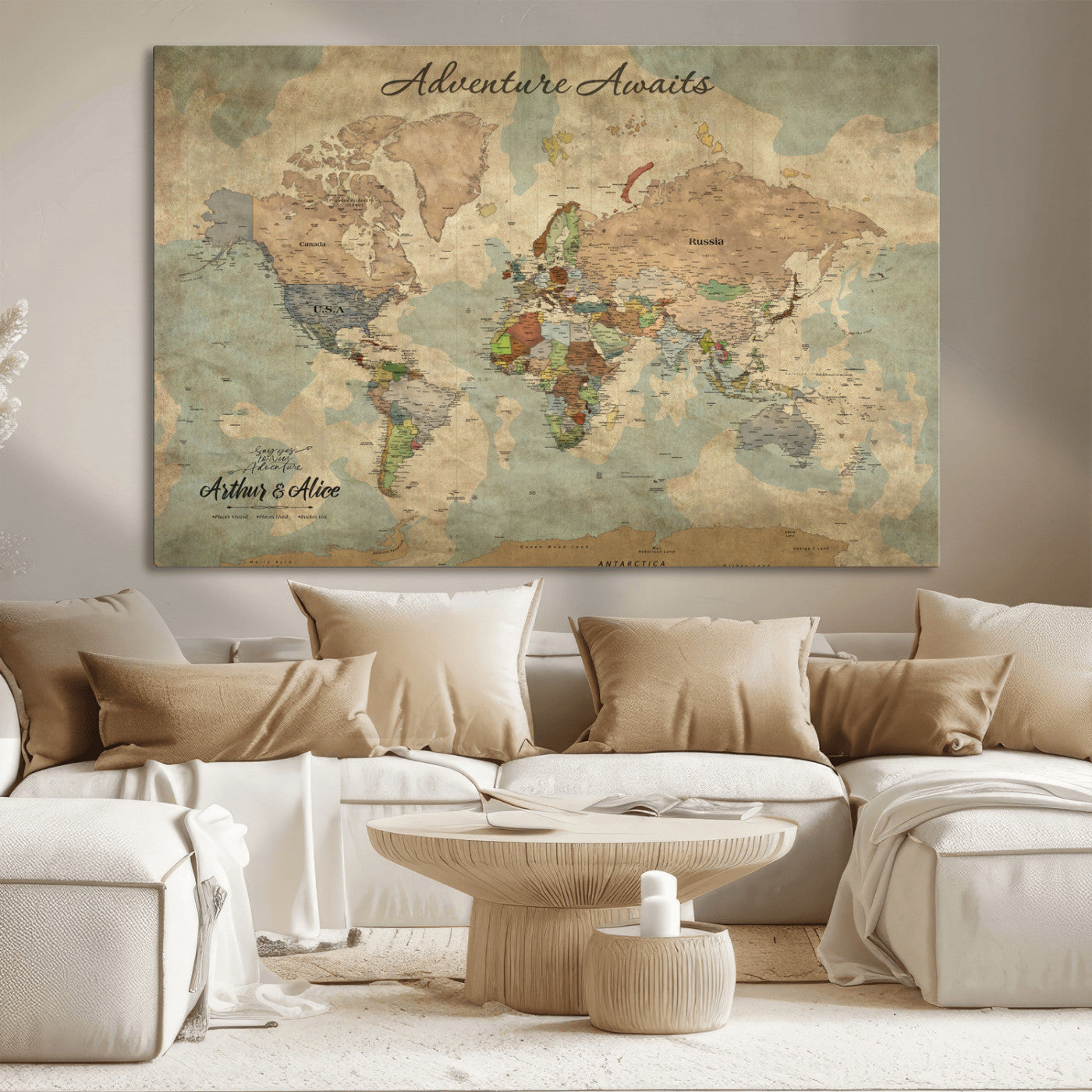 62500285-MGV-CV-36X24-Personalized World Map Wall Art – Rustic Watercolor Adventure Awaits Travel Map with Custom Couple Names, Vintage Wall Decor for