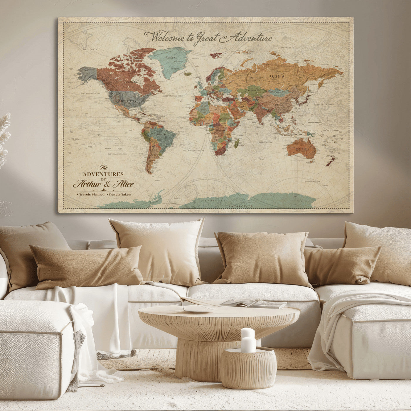 43497401-MGV-CV-36X24-Personalized World Map Wall Art – Vintage Rustic Adventure Travel Map with Custom Couple Names, Welcome to Great Adventure Wall