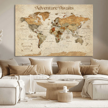 18685073-MGV-CV-36X24-Personalized World Map Wall Art – Antique Vintage Parchment Adventure Awaits Travel Map with Custom Couple Names, Rustic Wall