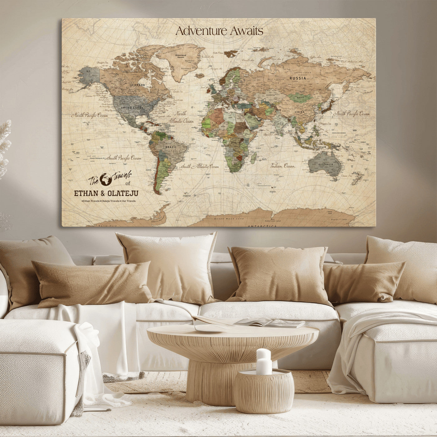 62766900-MGV-CV-36X24-Personalized World Map Wall Art – Antique Parchment Adventure Travel Map with Custom Couple Names, Rustic Wall Decor for Home,