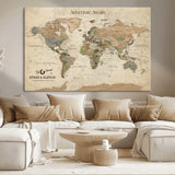 62766900-MGV-CV-36X24-Personalized World Map Wall Art – Antique Parchment Adventure Travel Map with Custom Couple Names, Rustic Wall Decor for Home,