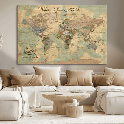32019746-MGV-CV-36X24-Personalized World Map Wall Art – Vintage Camo Adventure Travel Map with Custom Family Names, Rustic Wall Decor for Couples, Home