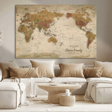 31874045-MGV-CV-36X24-Personalized World Map Wall Art – Vintage Earth Tone Adventure Map with Custom Family Names, Rustic Travel Decor for Home, Couples