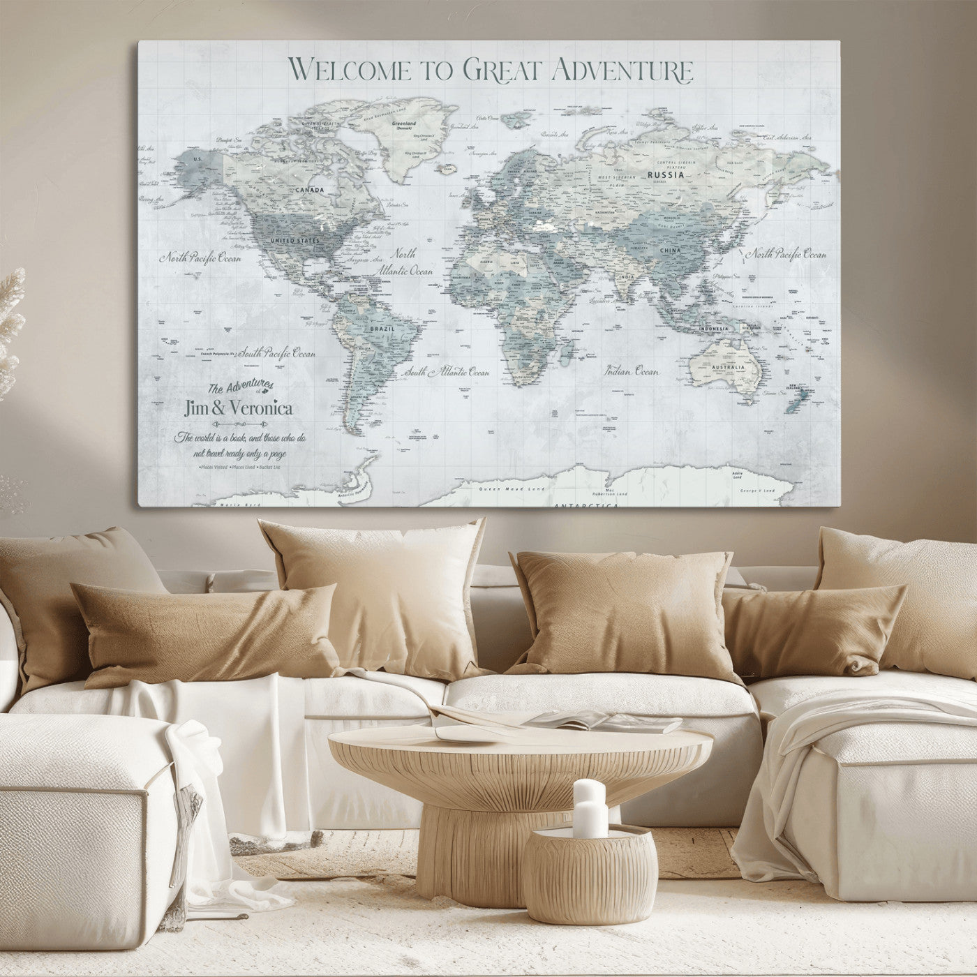 70605050-MGV-CV-36X24-Personalized World Map Wall Art – Cool Gray Adventure Travel Map with Custom Names, Elegant Push Pin Canvas for Couples, Family