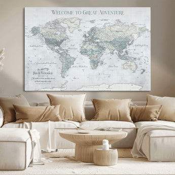 70605050-MGV-CV-36X24-Personalized World Map Wall Art – Cool Gray Adventure Travel Map with Custom Names, Elegant Push Pin Canvas for Couples, Family