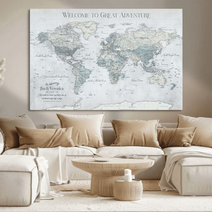 70605050-MGV-CV-36X24-Personalized World Map Wall Art – Cool Gray Adventure Travel Map with Custom Names, Elegant Push Pin Canvas for Couples, Family