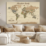 53442996-MGV-CV-36X24-Personalized World Map Wall Art – Adventure Awaits Vintage Travel Map with Custom Couple Names, Rustic Wall Decor for Home,