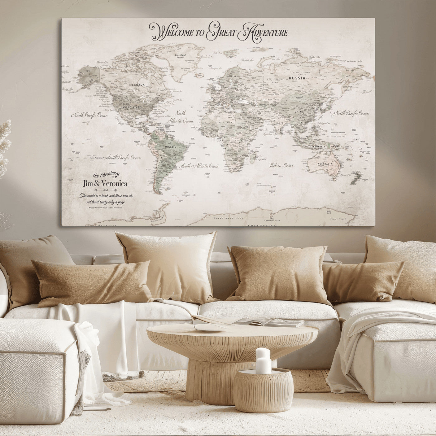 93034948-MGV-CV-36X24-Personalized World Map Wall Art – Vintage Beige Adventure Travel Map with Custom Names, Elegant Push Pin Canvas for Couples,