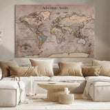 93226713-MGV-CV-36X24-Personalized World Map Wall Art – Adventure Awaits Rustic Earth-Tone Travel Map with Custom Names, Vintage Wall Decor for Couples,