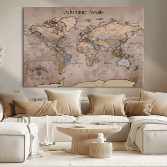 93226713-MGV-CV-36X24-Personalized World Map Wall Art – Adventure Awaits Rustic Earth-Tone Travel Map with Custom Names, Vintage Wall Decor for Couples,