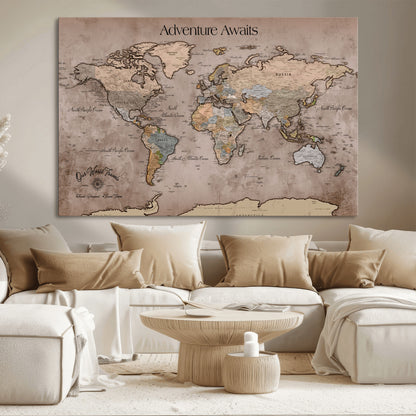 93226713-MGV-CV-36X24-Personalized World Map Wall Art – Adventure Awaits Rustic Earth-Tone Travel Map with Custom Names, Vintage Wall Decor for Couples,