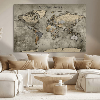 72658967-MGV-CV-36X24-Personalized World Map Wall Art – Adventure Awaits Rustic Sepia Travel Map with Custom Names, Vintage Wall Decor for Couples, Home
