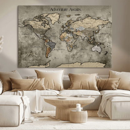 72658967-MGV-CV-36X24-Personalized World Map Wall Art – Adventure Awaits Rustic Sepia Travel Map with Custom Names, Vintage Wall Decor for Couples, Home